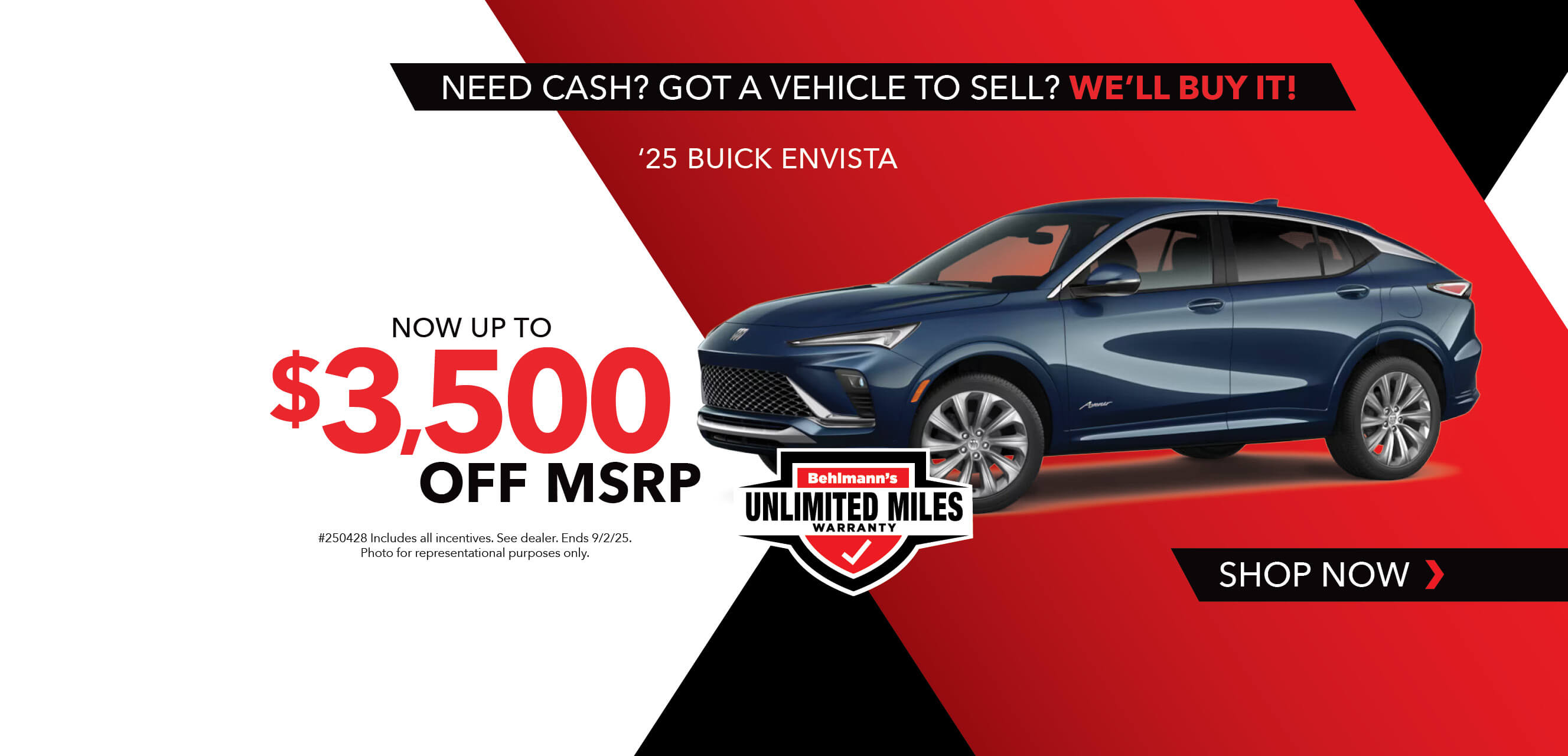 Blue SUV with advertising slogans:  Now up to $3,500 off MSRP on 2025 Buick Envista.